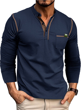 Color Block Henley Tee Men 拼色长袖T恤男