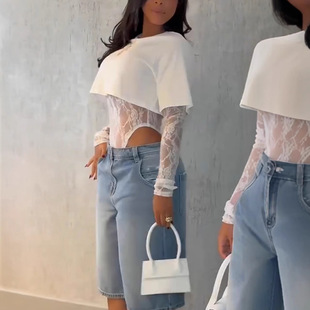 Lace Patchwork Bodysuit Tee Women 不规则圆领长袖连体T恤女