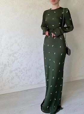 New style long sleeve slim dress欧美长袖修身荷叶边A字连衣裙