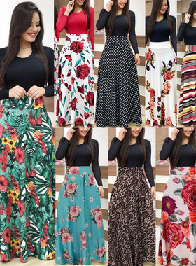 Printed color blocking long sleeve dress for women欧美连衣裙