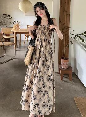 Long halter dress summer dress红色吊带连衣裙碎花高腰显廋裙子