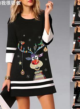 Women's Christmas printed casual dress圣诞印花圆领休闲连衣裙