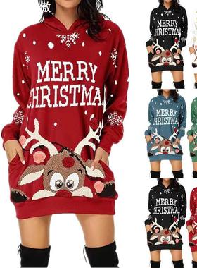 Women's long sleeved hoodie dress hooded skirt圣诞麋鹿裙子