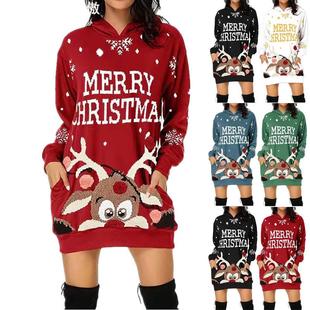 sleeved long hoodie dress skirt圣诞麋鹿裙子 Women hooded