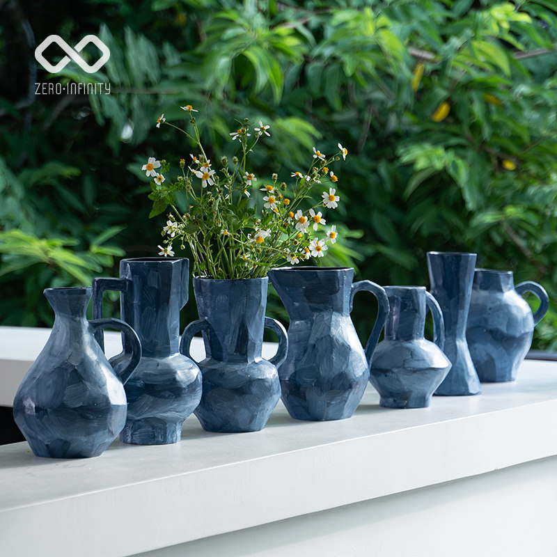 中古风油画风蓝灰花器客厅橱窗