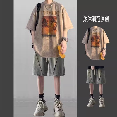 短袖美式复古男士水洗重磅T恤