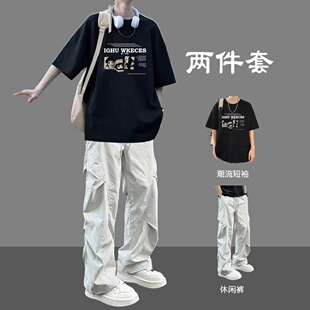 美式纯棉短袖t恤男生一整套穿搭套装夏季休闲潮流青少年帅气体恤