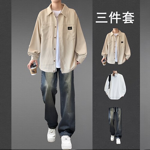 日系工装灯芯绒衬衫套装男春秋季