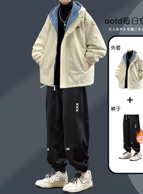 休闲运动套装冬季加绒加厚羊羔绒外套男生连帽棉服帅气男装一整套