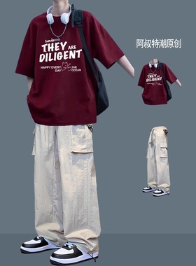 夏季纯棉短袖t恤男青少年学生休闲运动套装宽松男装一套搭配帅气