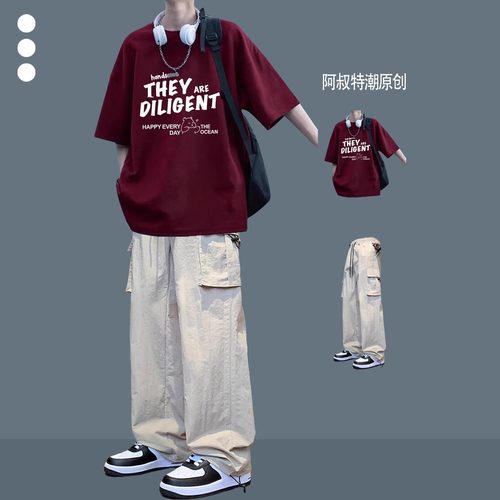 纯棉t恤常规宽松夏季新款套装男