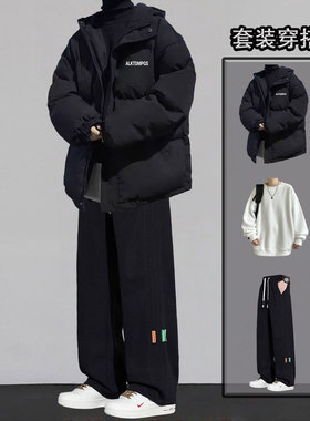 高街痞帅立领棉服外套男生冬季套装宽松加厚保暖潮流面包服三件套