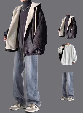 羊羔绒毛棉服男生套装冬季连帽棉衣外套加绒棉袄男装一套搭配帅气