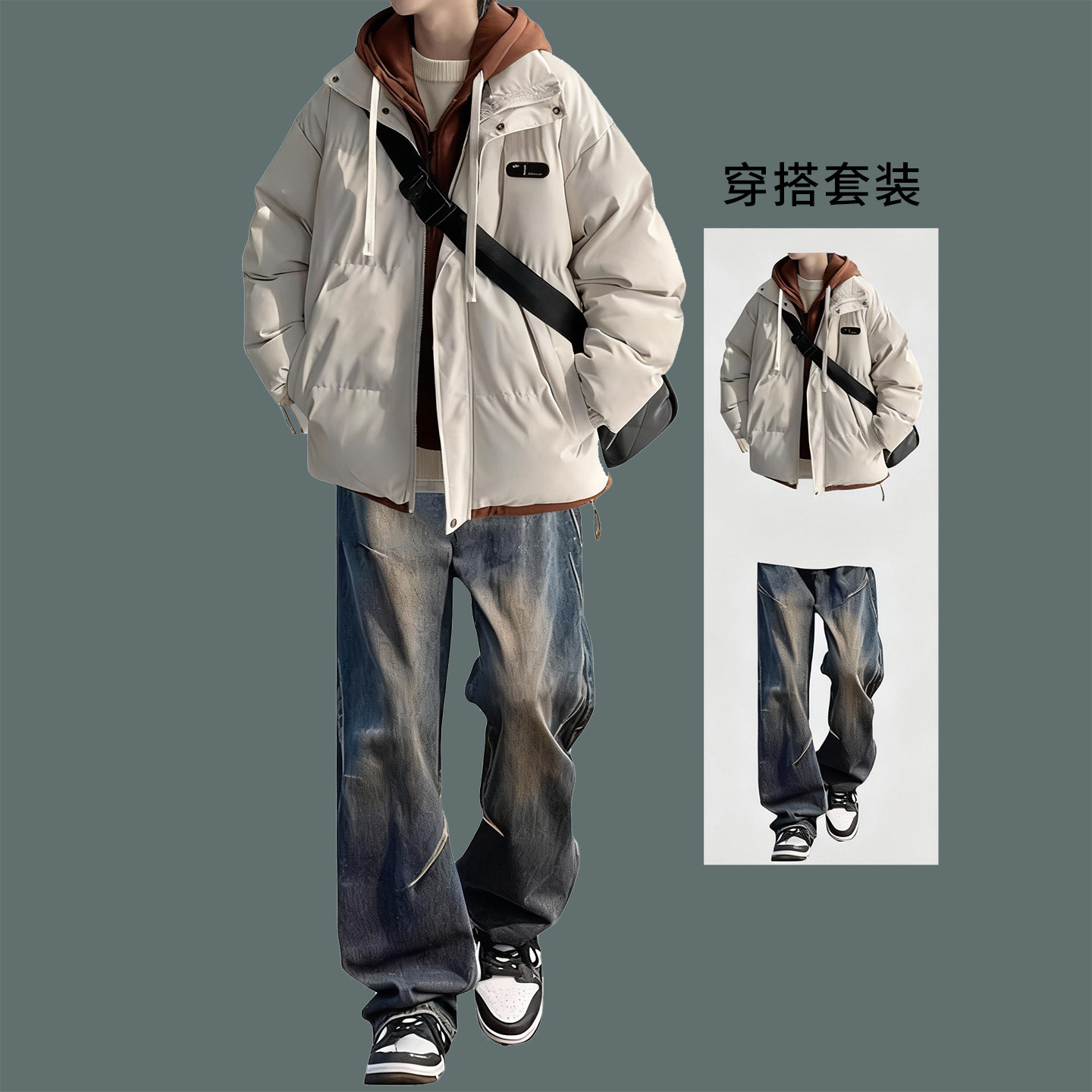 冬季新款假两件连帽棉衣男两件套