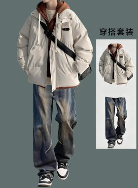 冬季2025新款假两件连帽棉衣男士加厚保暖痞帅风外套潮流套装棉服