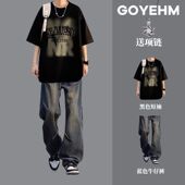 男装 夏季 一套搭配潮流宽松休闲穿搭 t恤套装 男士 纯棉美式 高街短袖