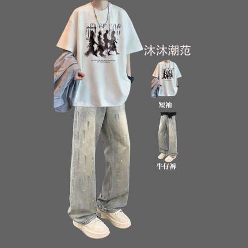 夏季美式男生纯棉短袖酷帅套装