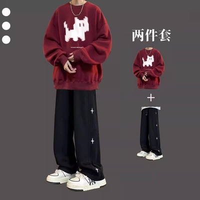 男生秋冬加绒潮牌穿搭卫衣套装