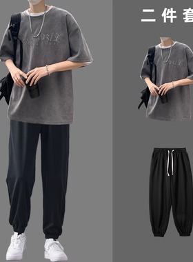 美式麂皮绒短袖t恤夏天男生套装夏季日系ins潮牌潮流衣服男装搭配