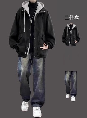 潮牌毛呢外套男士套装秋冬季2025新款男装一整套搭配潮流夹棉夹克