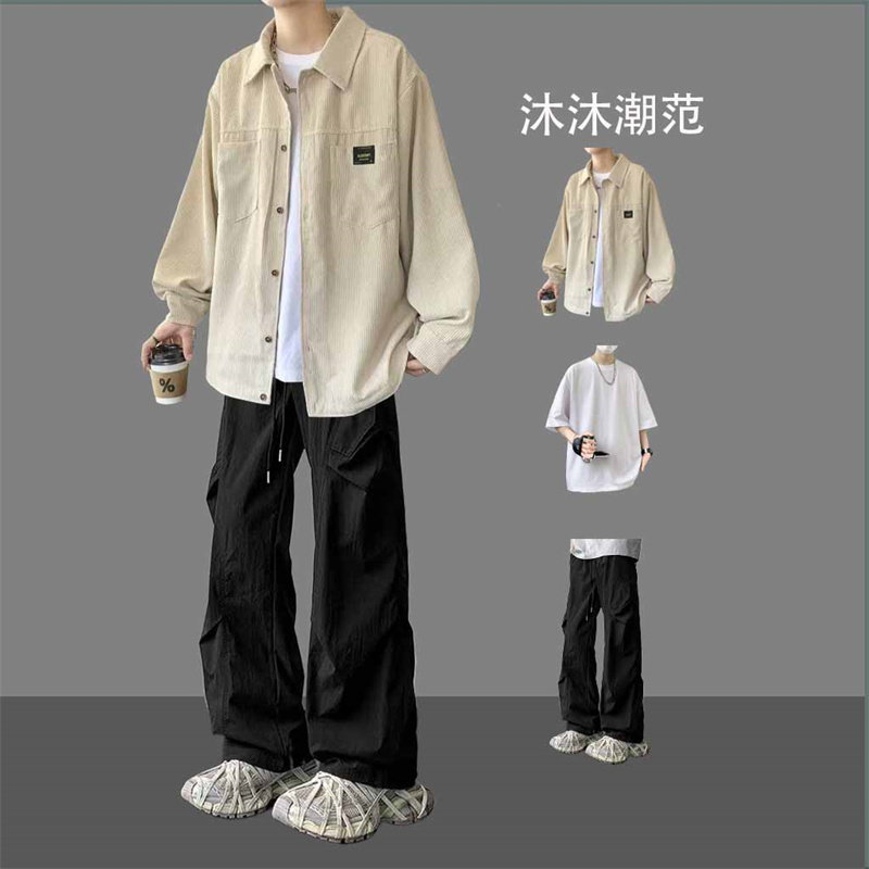春秋季日系复古灯芯绒长袖衬衫套装男生休闲青少年男装一整套搭配