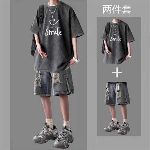 水洗纯棉T恤短袖套装夏季青少年