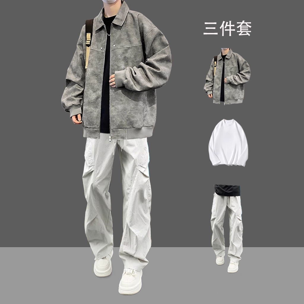 美式复古翻领夹克男士穿搭三件套