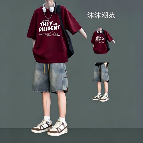 夏季男士短袖T恤牛仔短裤套装