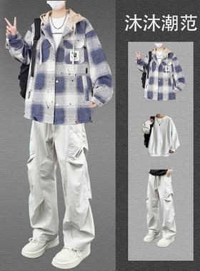 美式加绒格子连帽穿搭外套男生秋冬季休闲青少年帅气学生潮流套装