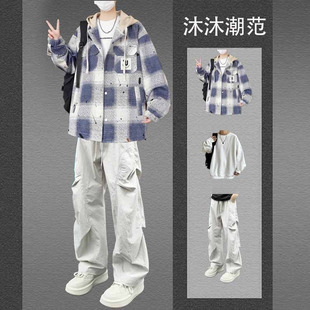 美式加绒格子连帽穿搭外套男生秋冬季休闲青少年帅气学生潮流套装