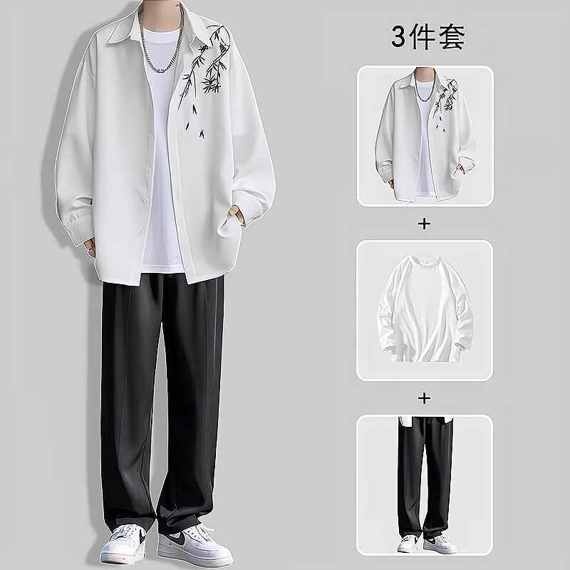 竹子刺绣长袖衬衫三件套新中式