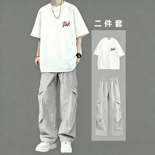 夏季纯棉短袖男套装搭配工装长裤
