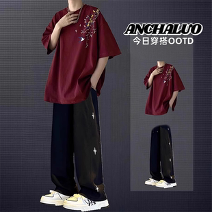 新中式国风纯棉短袖t恤男套装夏季宽松休闲国潮半袖体恤一套搭配