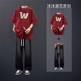 嘻哈欧美风上衣休闲短袖套装男夏季t恤男装一套搭配ins潮流牛仔裤