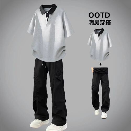 夏季青少年假两件POLO短袖套装