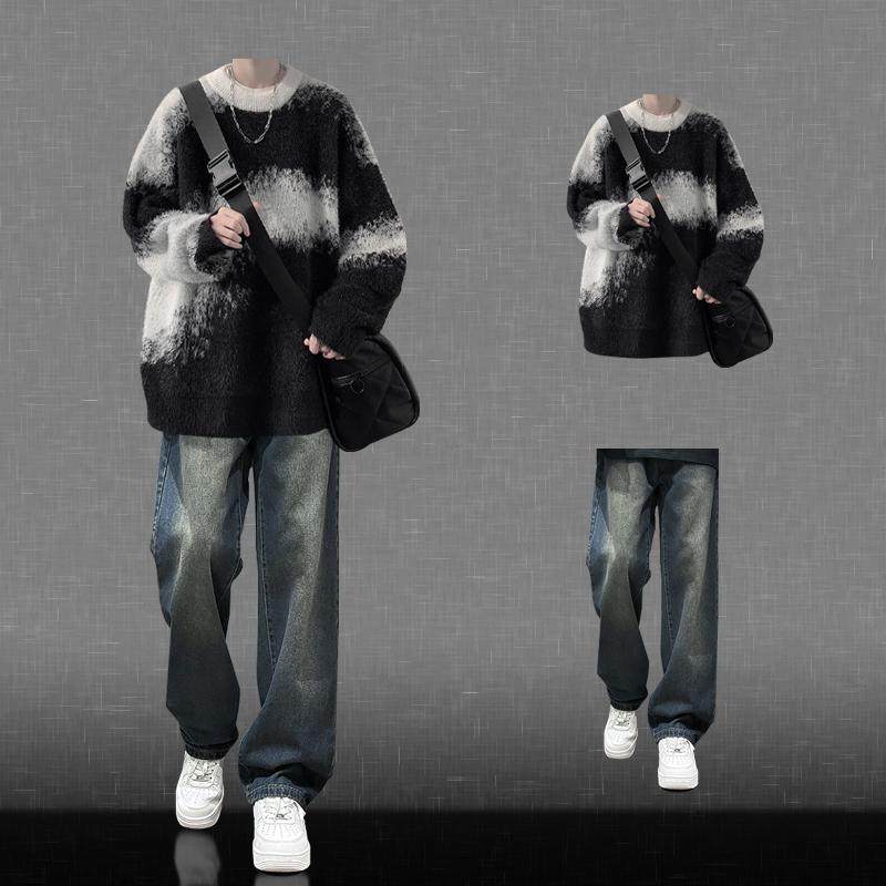 美式复古撞色毛衣一整套穿搭圆领