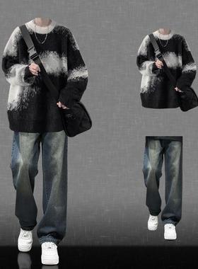 美式复古日系撞色慵懒风毛衣男套装秋冬季2025新款宽松针织衫上衣