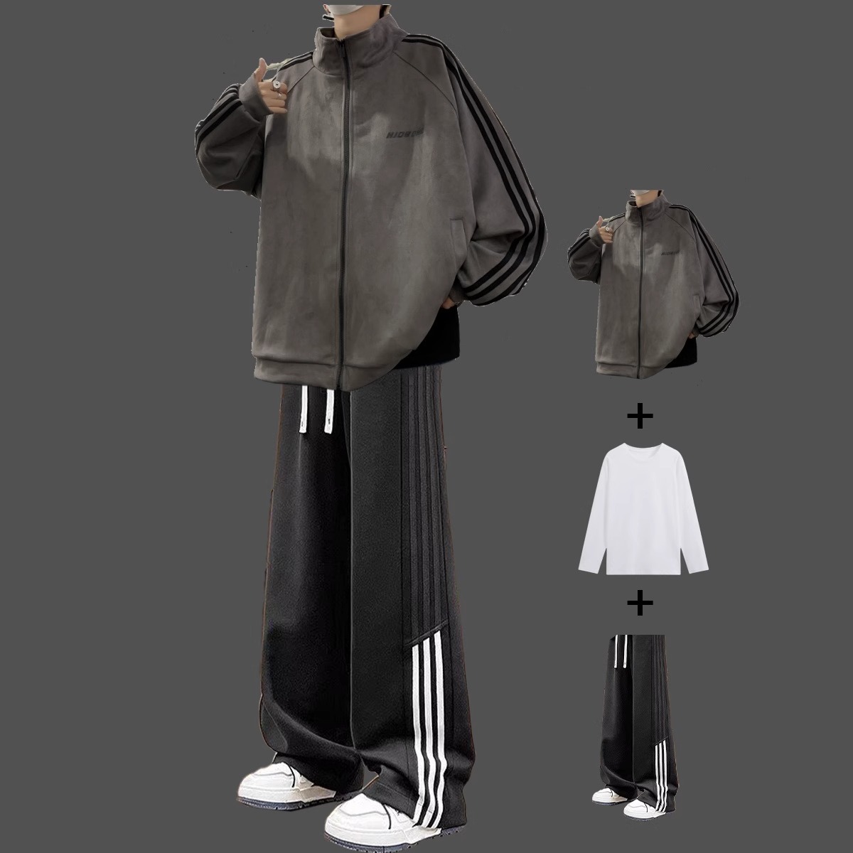 翻领春秋宽松男装一套搭配外套