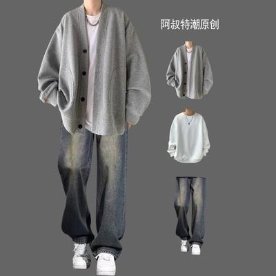 V领复古外套男装一套搭配牛仔裤