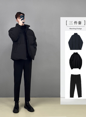港风棉服套装男士三件套冬季潮流穿搭外套加厚搭配棉衣男装一整套