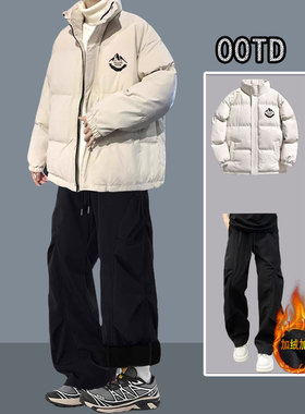 帅气加厚棉衣男士冬季日系棉服套装保暖时尚两件套加绒加厚男裤子
