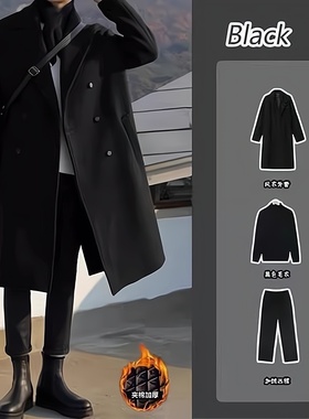 高级感夹棉风衣加厚毛呢大衣男士秋冬套装中长款外套男装一套搭配