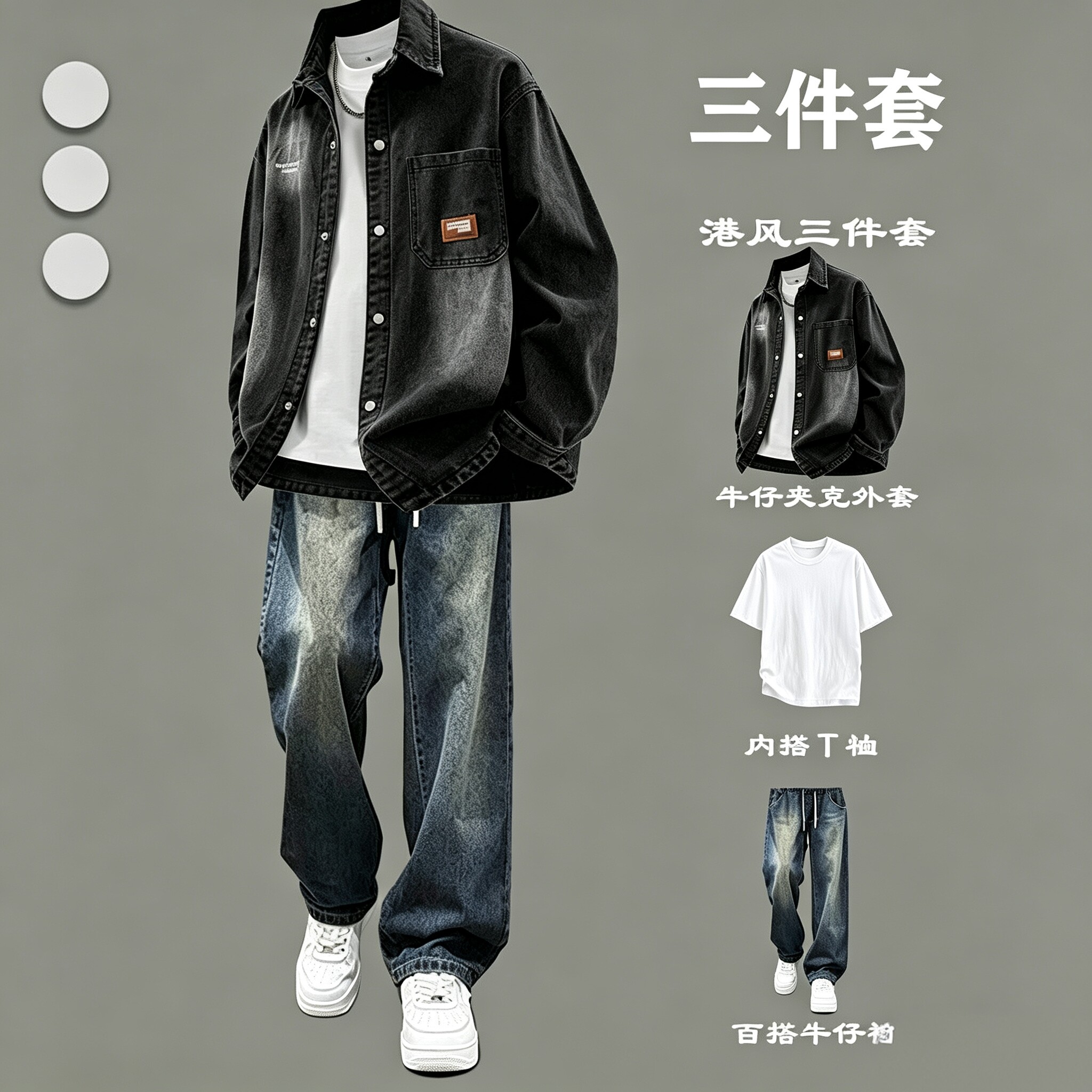 春秋薄款牛仔衬衫长裤三件套男图片
