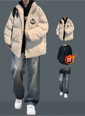 冬季立领痞帅风外套男潮牌加厚棉服青少年休闲套装面包服一套搭配