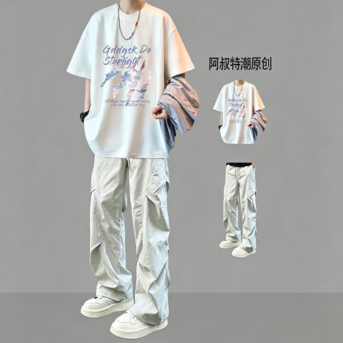 纯棉短袖男生夏季帅气潮流套装