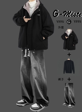 羊羔绒棉服男款套装冬季学生青少年连帽棉衣外套加绒加厚宽松棉袄