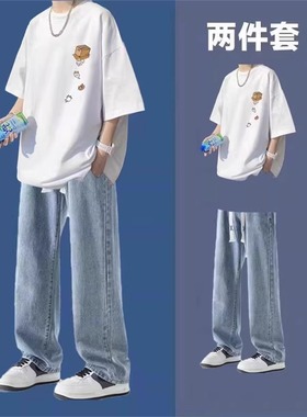 港风纯棉短袖t恤套装男士夏季痞帅男装一套搭配牛仔裤休闲两件套