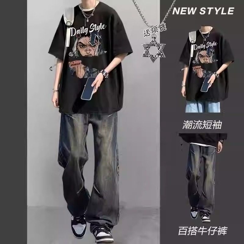 短袖美式街头男士套装T恤两件套