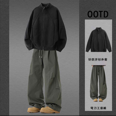 秋冬日系原宿百搭毛衣工装裤套装