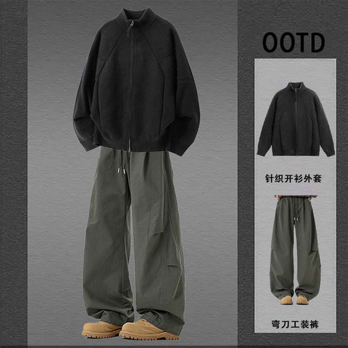 秋冬日系原宿百搭毛衣工装裤套装